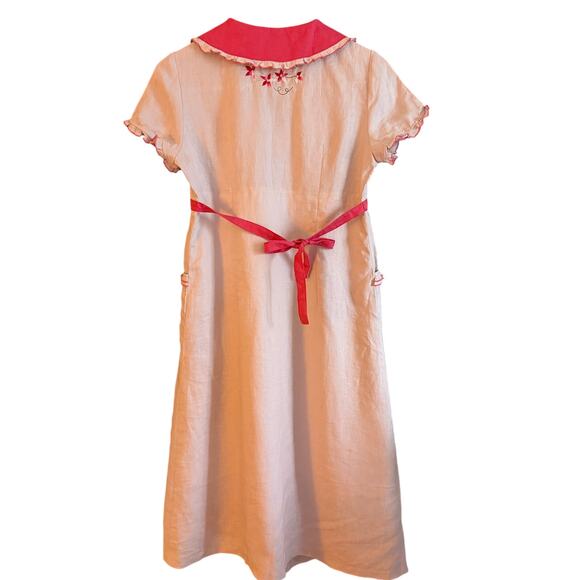 BB 100% Linen Retro Style Pink Piped Midi Dress Peter Pan collar Medium - Picture 2 of 8
